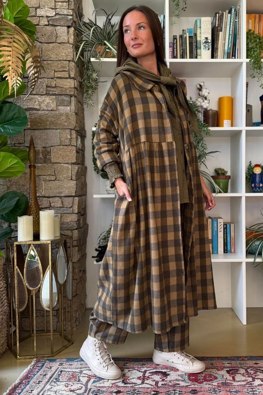 Nora Brushed Cotton Gingham Frock Coat Deep Olive